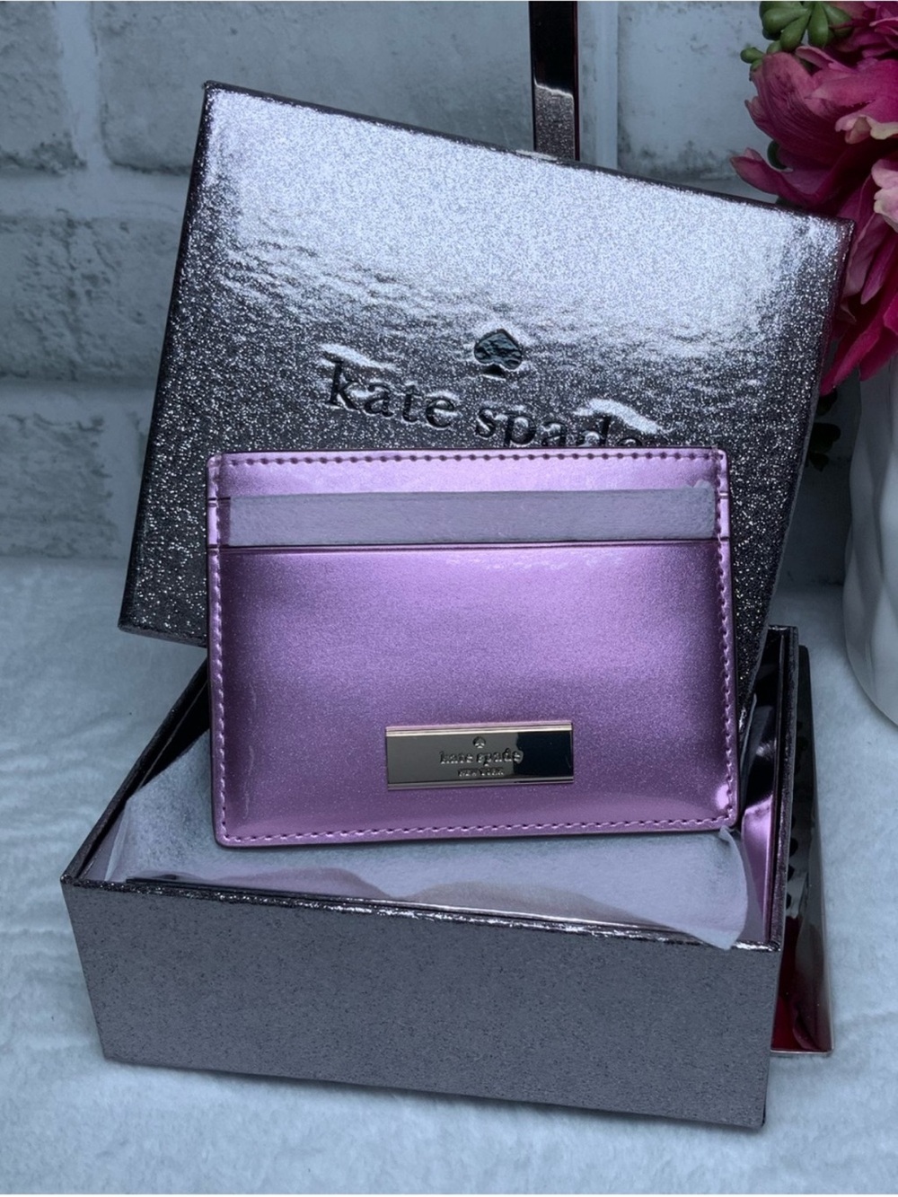 kate spade Metallic Purple-Pink Card Holder with Logo Plaque